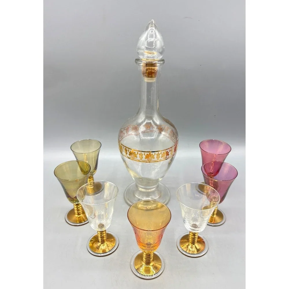 Vintage Glass Decanter Set with‎ 6 Multi-Color Iridescent Gold Cordial Glasses